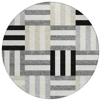 8' Black Beige And Ivory Round Geometric Washable Indoor Outdoor Area Rug