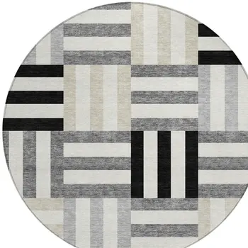 8' Black Beige And Ivory Round Geometric Washable Indoor Outdoor Area Rug