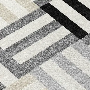 8' Black Beige And Ivory Round Geometric Washable Indoor Outdoor Area Rug