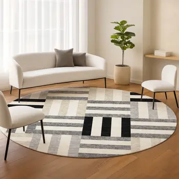 8' Black Beige And Ivory Round Geometric Washable Indoor Outdoor Area Rug