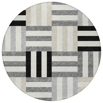 8' Black Beige And Ivory Round Geometric Washable Indoor Outdoor Area Rug