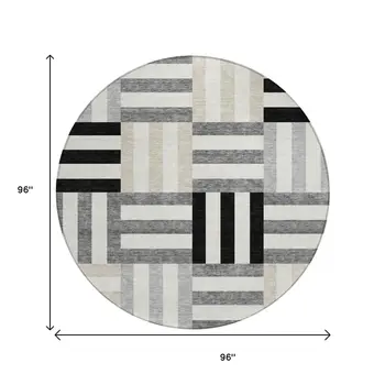 8' Black Beige And Ivory Round Geometric Washable Indoor Outdoor Area Rug
