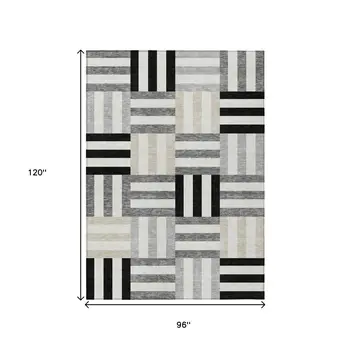 8' X 10' Black Beige And Ivory Geometric Washable Indoor Outdoor Area Rug