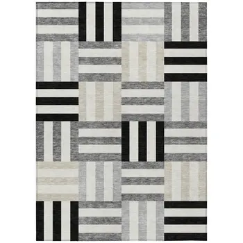 9' X 12' Black Beige And Ivory Geometric Washable Indoor Outdoor Area Rug