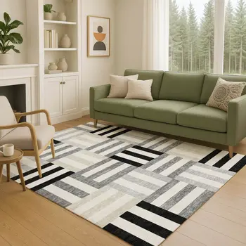9' X 12' Black Beige And Ivory Geometric Washable Indoor Outdoor Area Rug