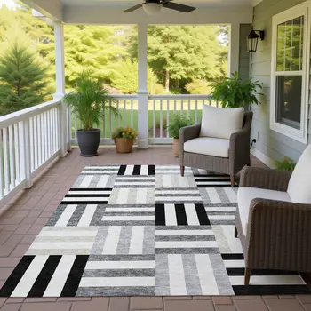 9' X 12' Black Beige And Ivory Geometric Washable Indoor Outdoor Area Rug