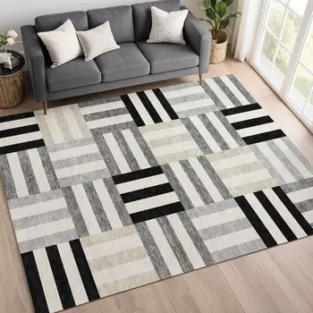 10' X 14' Black Beige And Ivory Geometric Washable Indoor Outdoor Area Rug