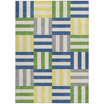 5' X 8' Blue Yellow And Green Geometric Washable Indoor Outdoor Area Rug