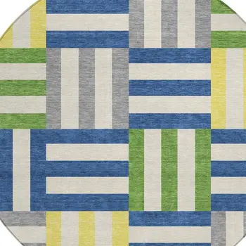 8' Blue Yellow And Green Round Geometric Washable Indoor Outdoor Area Rug
