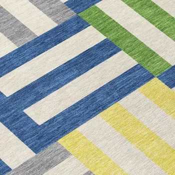 8' Blue Yellow And Green Round Geometric Washable Indoor Outdoor Area Rug