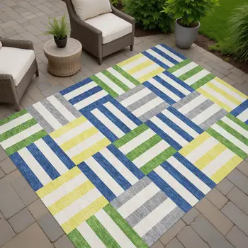 8' X 10' Blue Yellow And Green Geometric Washable Indoor Outdoor Area Rug