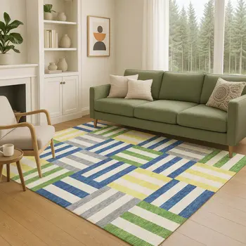 8' X 10' Blue Yellow And Green Geometric Washable Indoor Outdoor Area Rug