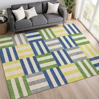 8' X 10' Blue Yellow And Green Geometric Washable Indoor Outdoor Area Rug
