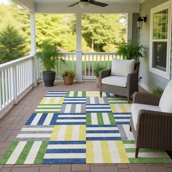 8' X 10' Blue Yellow And Green Geometric Washable Indoor Outdoor Area Rug
