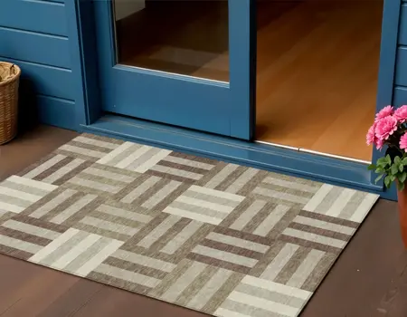 3' X 5' Brown Beige And Ivory Geometric Washable Indoor Outdoor Area Rug