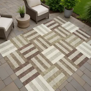 3' X 5' Brown Beige And Ivory Geometric Washable Indoor Outdoor Area Rug