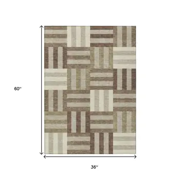 3' X 5' Brown Beige And Ivory Geometric Washable Indoor Outdoor Area Rug