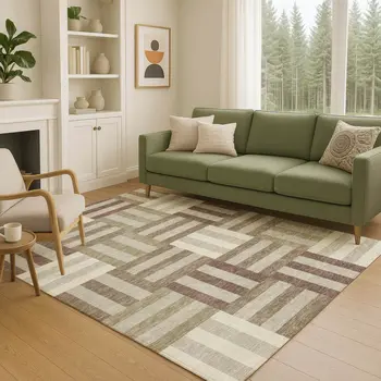 3' X 5' Brown Beige And Ivory Geometric Washable Indoor Outdoor Area Rug