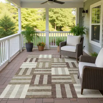 3' X 5' Brown Beige And Ivory Geometric Washable Indoor Outdoor Area Rug