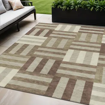 5' X 8' Brown Beige And Ivory Geometric Washable Indoor Outdoor Area Rug