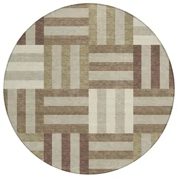 8' Brown Beige And Ivory Round Geometric Washable Indoor Outdoor Area Rug