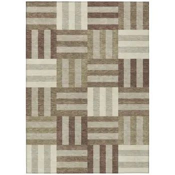 8' X 10' Brown Beige And Ivory Geometric Washable Indoor Outdoor Area Rug