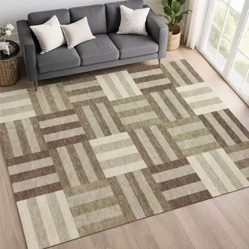 8' X 10' Brown Beige And Ivory Geometric Washable Indoor Outdoor Area Rug