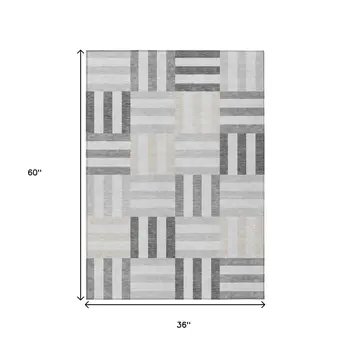 3' X 5' Gray And Ivory Geometric Washable Indoor Outdoor Area Rug