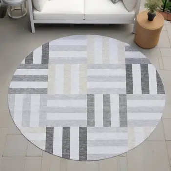 8' Gray And Ivory Round Geometric Washable Indoor Outdoor Area Rug