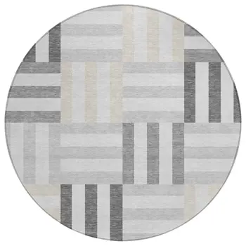 8' Gray And Ivory Round Geometric Washable Indoor Outdoor Area Rug