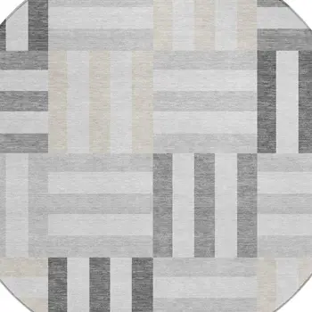 8' Gray And Ivory Round Geometric Washable Indoor Outdoor Area Rug