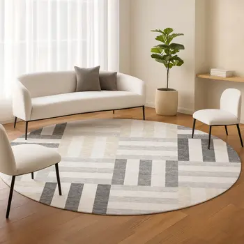 8' Gray And Ivory Round Geometric Washable Indoor Outdoor Area Rug