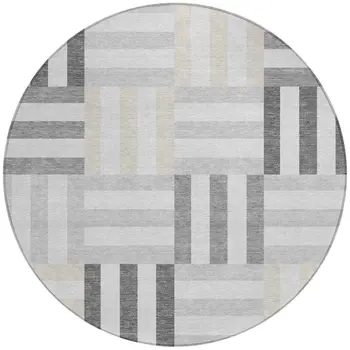 8' Gray And Ivory Round Geometric Washable Indoor Outdoor Area Rug