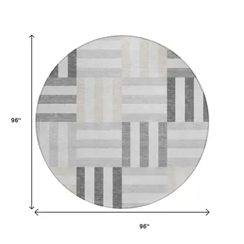 8' Gray And Ivory Round Geometric Washable Indoor Outdoor Area Rug