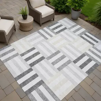 10' X 14' Gray And Ivory Geometric Washable Indoor Outdoor Area Rug