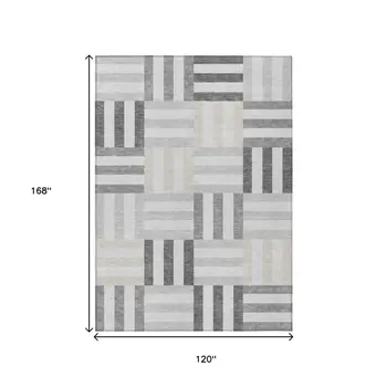 10' X 14' Gray And Ivory Geometric Washable Indoor Outdoor Area Rug