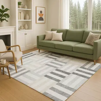 10' X 14' Gray And Ivory Geometric Washable Indoor Outdoor Area Rug