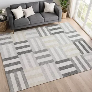 10' X 14' Gray And Ivory Geometric Washable Indoor Outdoor Area Rug