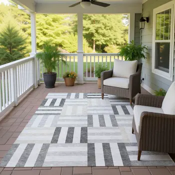 10' X 14' Gray And Ivory Geometric Washable Indoor Outdoor Area Rug
