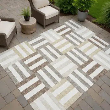 5' X 8' Ivory Gray And Brown Geometric Washable Indoor Outdoor Area Rug