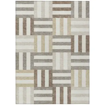 5' X 8' Ivory Gray And Brown Geometric Washable Indoor Outdoor Area Rug