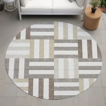 8' Ivory Gray And Brown Round Geometric Washable Indoor Outdoor Area Rug