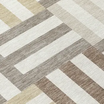 8' Ivory Gray And Brown Round Geometric Washable Indoor Outdoor Area Rug