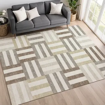 9' X 12' Ivory Gray And Brown Geometric Washable Indoor Outdoor Area Rug