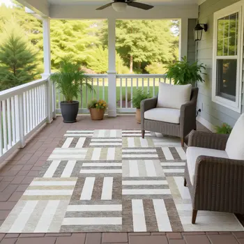 9' X 12' Ivory Gray And Brown Geometric Washable Indoor Outdoor Area Rug