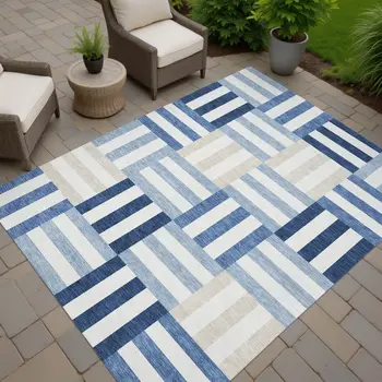 5' X 8' Navy Blue Ivory And Khaki Geometric Washable Indoor Outdoor Area Rug