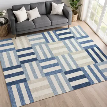 5' X 8' Navy Blue Ivory And Khaki Geometric Washable Indoor Outdoor Area Rug