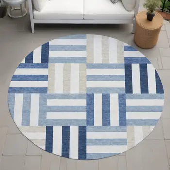 8' Navy Blue Ivory And Khaki Round Geometric Washable Indoor Outdoor Area Rug