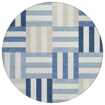 8' Navy Blue Ivory And Khaki Round Geometric Washable Indoor Outdoor Area Rug