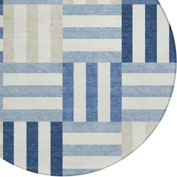 8' Navy Blue Ivory And Khaki Round Geometric Washable Indoor Outdoor Area Rug